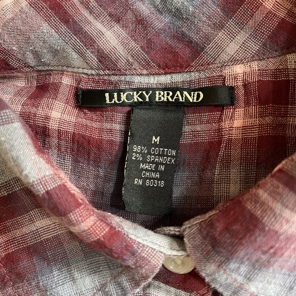 Lucky Brand Blouse Women's Medium Button Up Long Sleeve Plaid‎ Red Pink - Picture 5 of 7